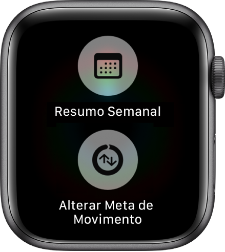 Tela do app Atividade mostrando os botões Resumo Semanal e Alterar Meta de Movimento.