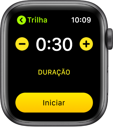 Tela de meta mostrando a hora perto da parte superior, com botões – e + nas laterais e o botão Iniciar na parte inferior.