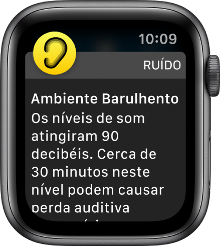 Apple Watch mostrando uma notificação do app Ruído. O ícone do app associado à notificação aparece na parte superior esquerda. Você pode tocar nele para abrir o app.