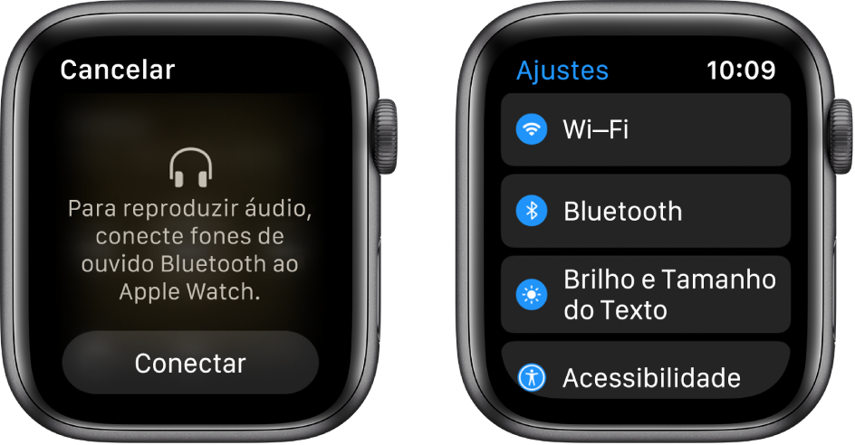 Se você alternar a origem do áudio para o Apple Watch antes de emparelhar fones de ouvido ou alto-falantes Bluetooth, o botão Conectar aparece na parte inferior da tela. Ele leva você aos ajustes de Bluetooth no Apple Watch, onde é possível adicionar um dispositivo de audição.