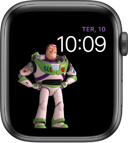 O mostrador Toy Story exibe o dia, a data e a hora na parte superior direita e uma animação do Buzz Lightyear na metade esquerda da tela.