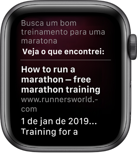 Siri respondendo à pergunta “Qual é um bom plano de treino de maratona para iniciantes” com uma resposta da internet.