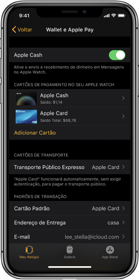 A tela “Wallet e Apple Pay” no app Apple Watch do iPhone. A tela mostra cartões adicionados ao Apple Watch, o cartão escolhido para uso no transporte público expresso e as configurações padrões de transação.