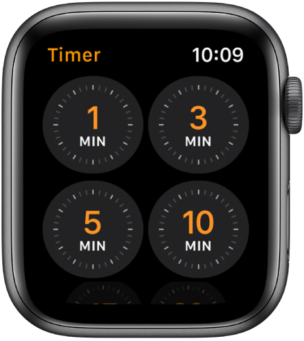 Tela do app Timer mostrando timers rápidos de 1, 3, 5 ou 10 minutos.