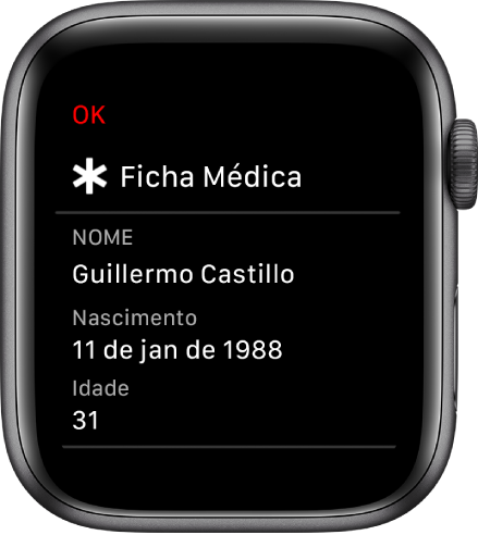 A tela Ficha Médica mostrando o nome, a data de nascimento e a idade do usuário.