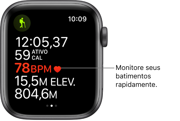 Tela mostrando estatísticas de exercícios, incluindo o tempo decorrido e batimentos. Na chamada, lê-se “Monitore seus batimentos rapidamente”.