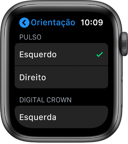 O ecrã Orientação no Apple Watch. Pode definir as suas preferências de pulso e da Digital Crown.