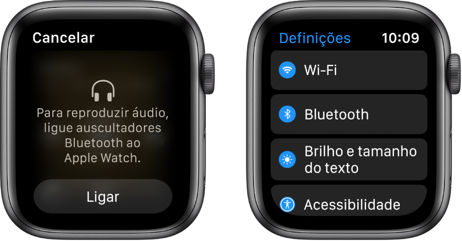 Se mudar a origem do áudio para o Apple Watch antes de emparelhar os auscultadores ou colunas Bluetooth, surge um botão “Ligar um dispositivo” na parte inferior do ecrã que o encaminha para as definições Bluetooth no Apple Watch, onde pode adicionar um dispositivo de música.