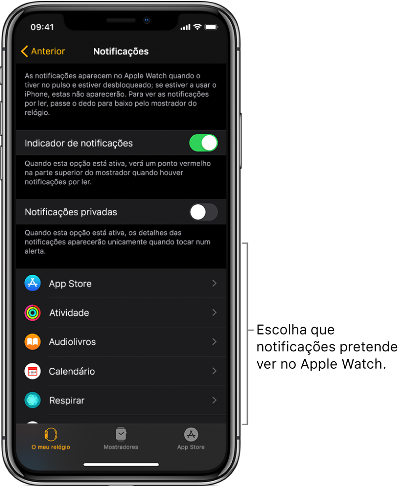 O ecrã Notificações na a aplicação Apple Watch, no iPhone, com as fontes das notificações.