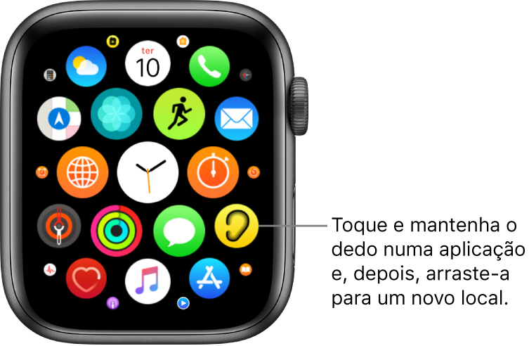 Ecrã principal do Apple Watch, na vista em grelha. A chamada diz: “Toque e mantenha o dedo numa aplicação e, depois, arraste-a para um novo local.”