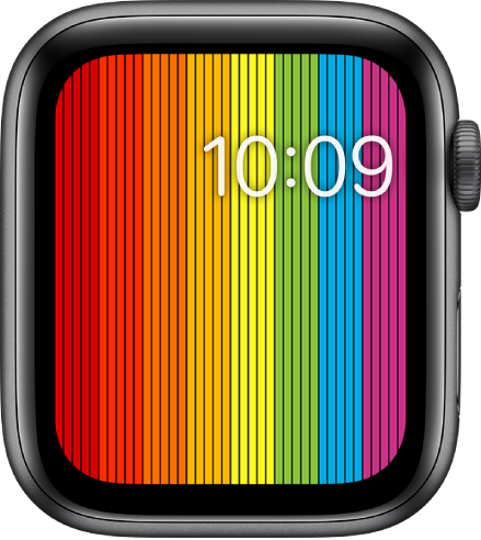 O mostrador Pride (digital) com faixas verticais de arco-íris com a hora no canto superior direito.