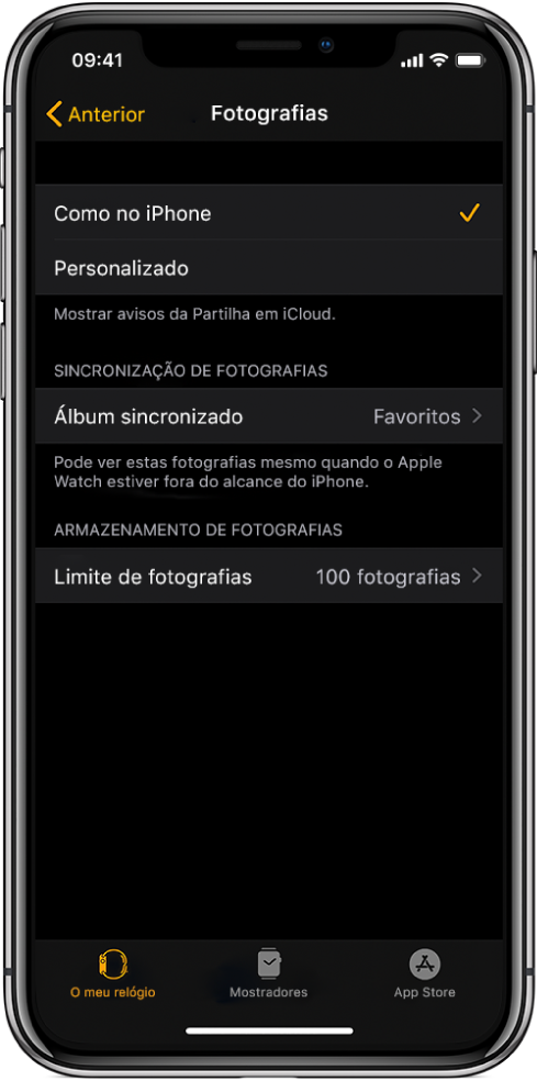 As definições das Fotografias na aplicação Apple Watch no iPhone, com a definição do “Álbum sincronizado” ao centro e a definição do “Limite de fotografias” por baixo.