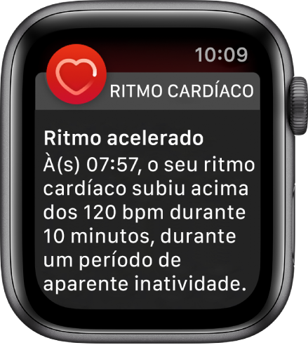 O ecrã de Ritmo cardíaco elevado a mostrar uma notificação de que o seu ritmo cardíaco ultrapassou as 120 BPM, apesar de ter permanecido inativo durante 10 minutos.