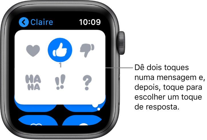 Uma conversa na aplicação Mensagens com opções de Tapback: coração, polegar para cima, polegar para baixo, Ha Ha, !! e ?.