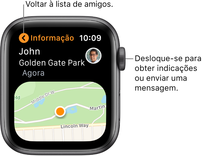 Um ecrã que mostra detalhes sobre a localização de um amigo, incluindo a que distância se encontra e a sua localização num mapa.