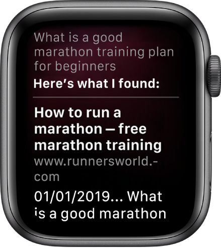 Siri a responder à pergunta, “What is a good marathon training plan for beginners” (“Um bom plano de treino para maratona para principiantes”) com uma resposta da web.