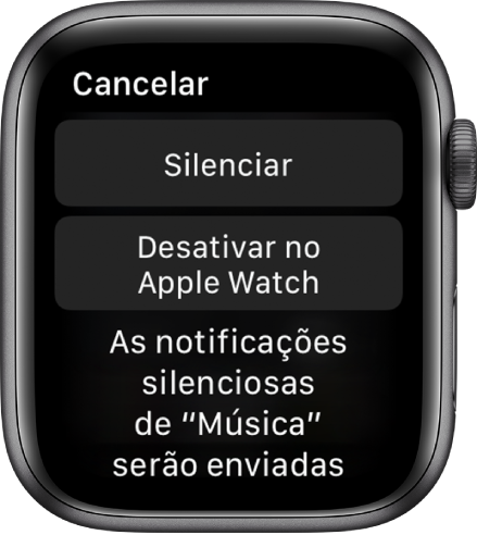 Definições de notificação no Apple Watch. O botão superior indica Silenciar e o botão em baixo indica Desativar no Apple Watch.