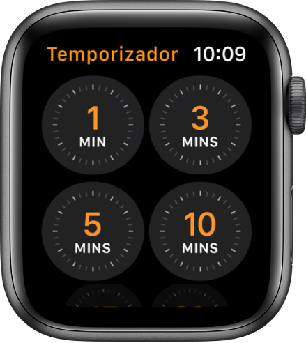 O ecrã da aplicação do Temporizador a mostrar temporizadores rápidos para 1, 3, 5 ou 10 minutos.