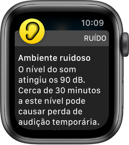 Apple Watch a mostrar uma notificação de ruído. O ícone da aplicação associada à notificação aparece na parte superior esquerda. Pode tocar nele para abrir a aplicação.