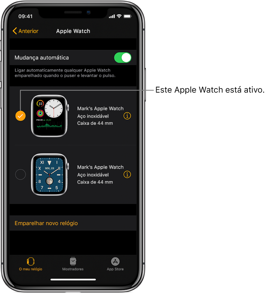 O visto mostra o Apple Watch ativo.
