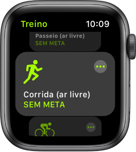 O ecrã Treino com a corrida (ar livre) destacada.