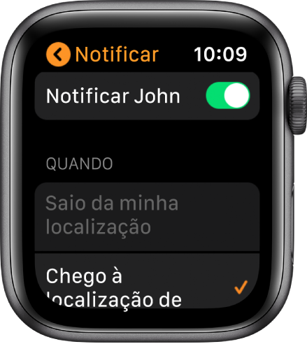 O ecrã Notificar da aplicação Encontrar Pessoas, Notificar está ativado e “Quando chegar à localização do João” está selecionado.