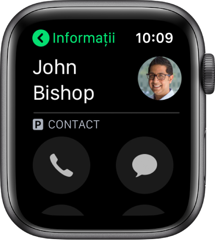 Un ecran Telefon afișând un contact și butoanele Apelați și Mesaj.