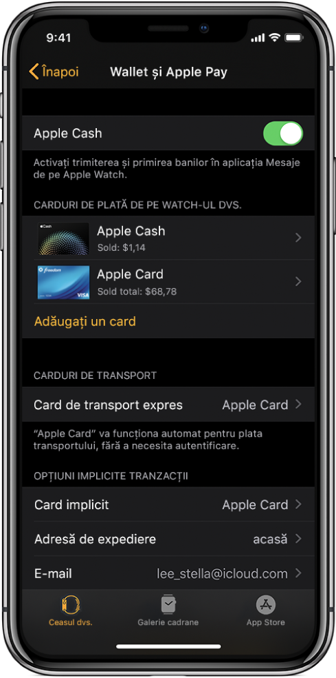 Ecranul Wallet și Apple Pay în aplicația Apple Watch de pe iPhone. Ecranul prezintă cardurile adăugate la Apple Watch, cardul pe care l-ați ales pentru a fi utilizat pentru transport expres și configurările implicite pentru tranzacție.