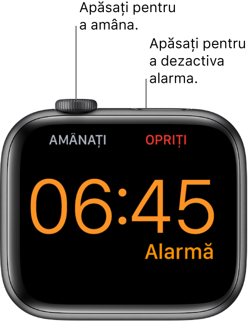 Un Apple Watch așezat pe muchie, pe ecran fiind afișată o alarmă care s-a declanșat. Sub coroana Digital Crown este cuvântul “Amânare”. Cuvântul “Stop" se află sub butonul lateral.