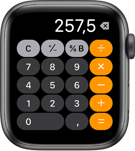 Apple Watch afișând aplicația Calculator. Pe ecran este afișată o tastatură numerică tipică, având funcții matematice în dreapta. În partea de sus sunt butoanele C, plus sau minus și bacșiș.