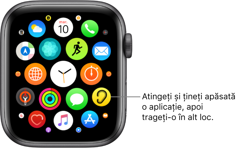Ecranul principal Apple Watch în vizualizarea grilă. Explicația include textul “Țineți apăsată pictograma unei aplicații, apoi trageți-o în alt loc”.