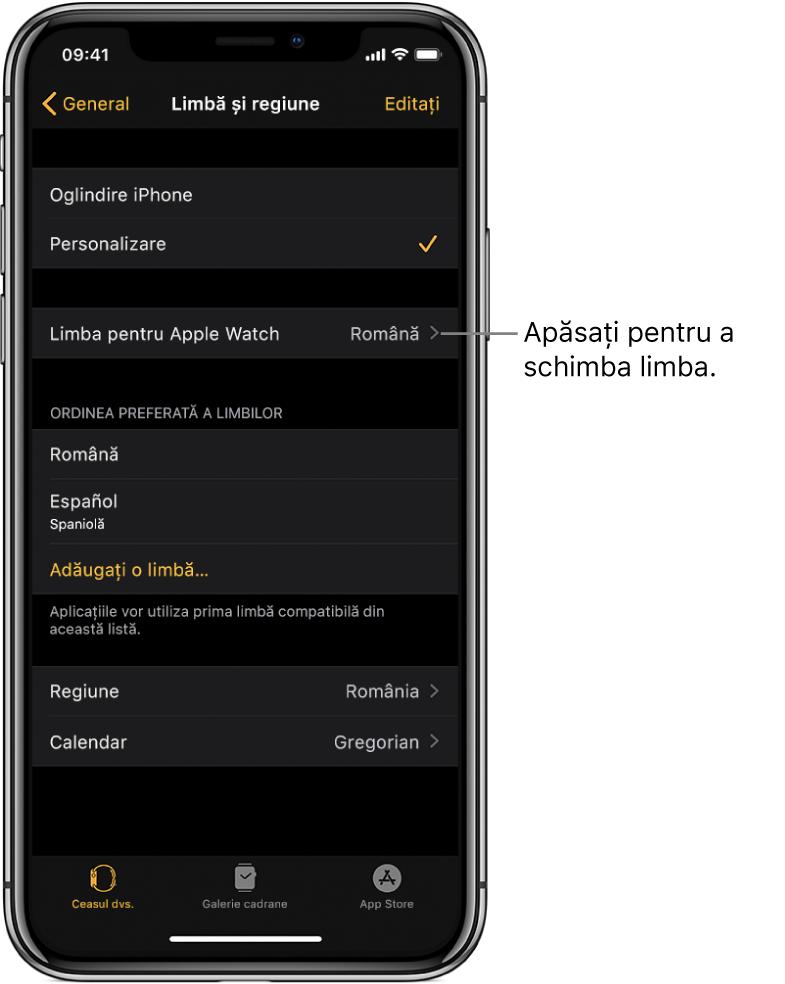 Ecranul Limbă și regiune din aplicația Apple Watch, cu configurarea Limba pentru Watch lângă partea de sus.