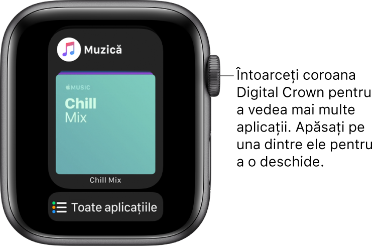 Dock-ul prezentând aplicația Muzică, cu un buton Toate aplicațiile dedesubt. Pentru a vedea mai multe aplicații, întoarceți coroana Digital Crown. Apăsați pe una pentru a o deschide.