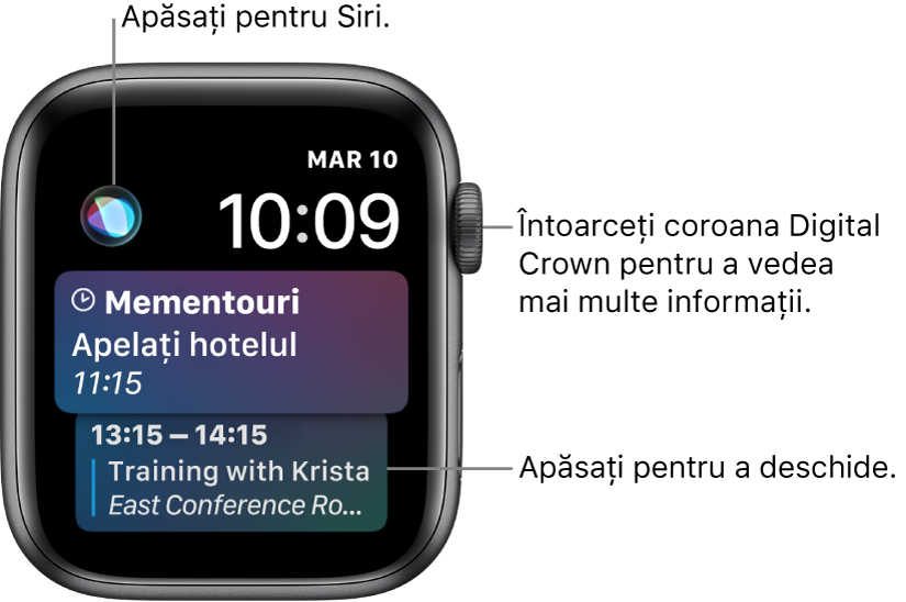 Cadranul de ceas Siri, prezentând un memento și un eveniment din calendar. Un buton Siri se află în partea stângă sus a ecranului. Data și ora se află în dreapta sus.
