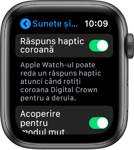 Ecranul Răspuns haptic coroană, prezentând comutatorul Răspuns haptic coroană activat.