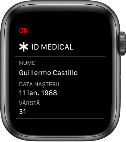 Ecranul ID medical prezentând numele utilizatorului, data nașterii și vârsta.