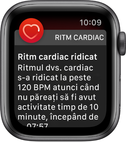 Ecranul Ritm cardiac ridicat afișând o notificare conform căreia ritmul dvs. cardiac a depășit 120 bpm într-o perioadă de inactivitate de 10 minute.