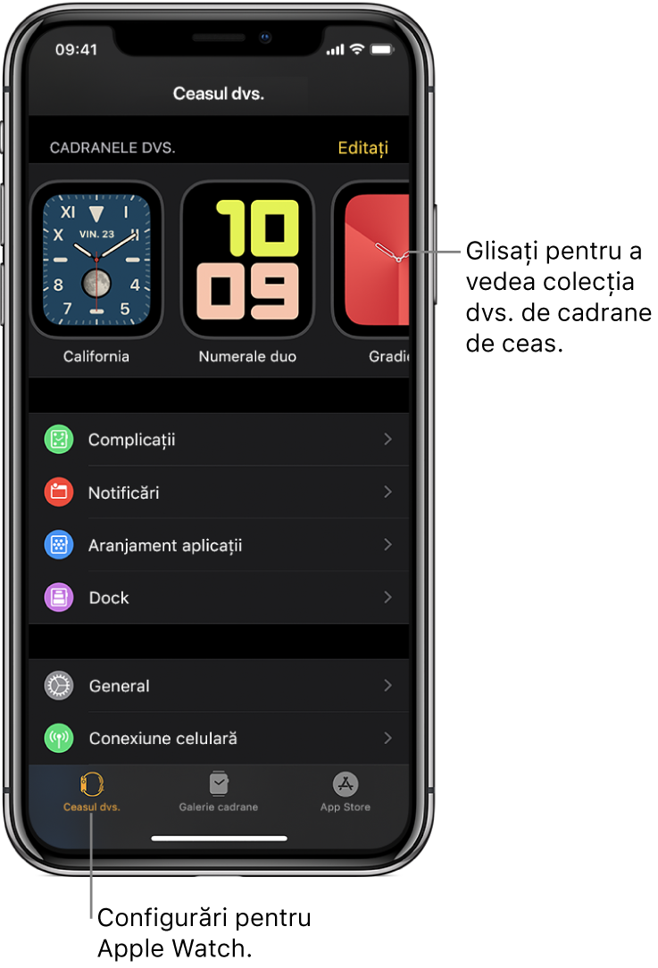 Aplicația Apple Watch de pe iPhone se deschide în ecranul Ceasul dvs., care prezintă cadranele dvs. de ceas sus și configurările dedesubt. Există trei file în partea de jos a ecranului aplicației Apple Watch: fila din stânga este Ceasul dvs., de unde accesați configurările Apple Watch; lângă aceasta este Galerie cadrane, de unde puteți explora cadranele și complicațiile disponibile; urmează App Store, de unde puteți descărca aplicații pentru Apple Watch.
