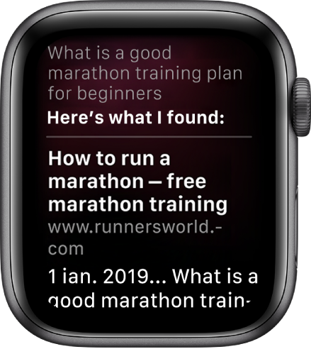 Siri răspunzând la întrebarea “What is a good marathon training plan for beginners” cu un răspuns de pe web.