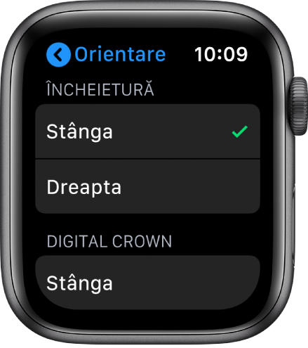 Ecranul Orientare pe Apple Watch Puteți configura preferințele pentru încheietură și Digital Crown.