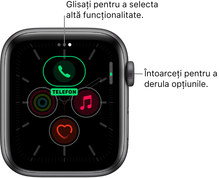 Ecranul de personalizare pentru cadranul de ceas Meridian, având complicația Telefon evidențiată. Rotiți coroana Digital Crown pentru a modifica opțiunile.