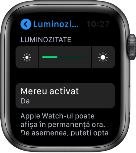 Ecranul Apple Watch-ului afișând butonul Mereu activat în ecranul Luminozitate și mărime text.