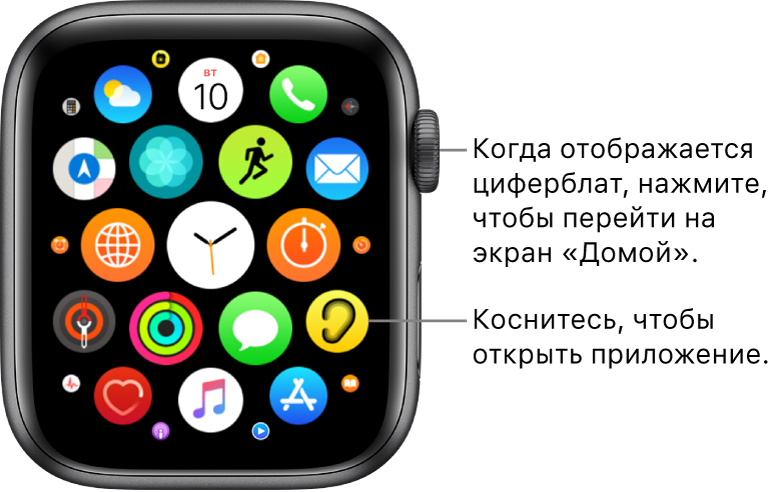 Экран «Домой» в режиме просмотра сеткой на Apple Watch, с гроздью приложений. Коснитесь приложения, чтобы открыть его. Потяните, чтобы отобразить другие приложения.