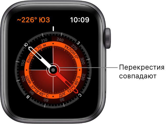 Компас открыт на циферблате Apple Watch. Вверху слева показан курс. Во внутреннем кругу отображается высота, наклон, широта и долгота. Белое перекрестие указывает концами на север, юг, восток и запад.