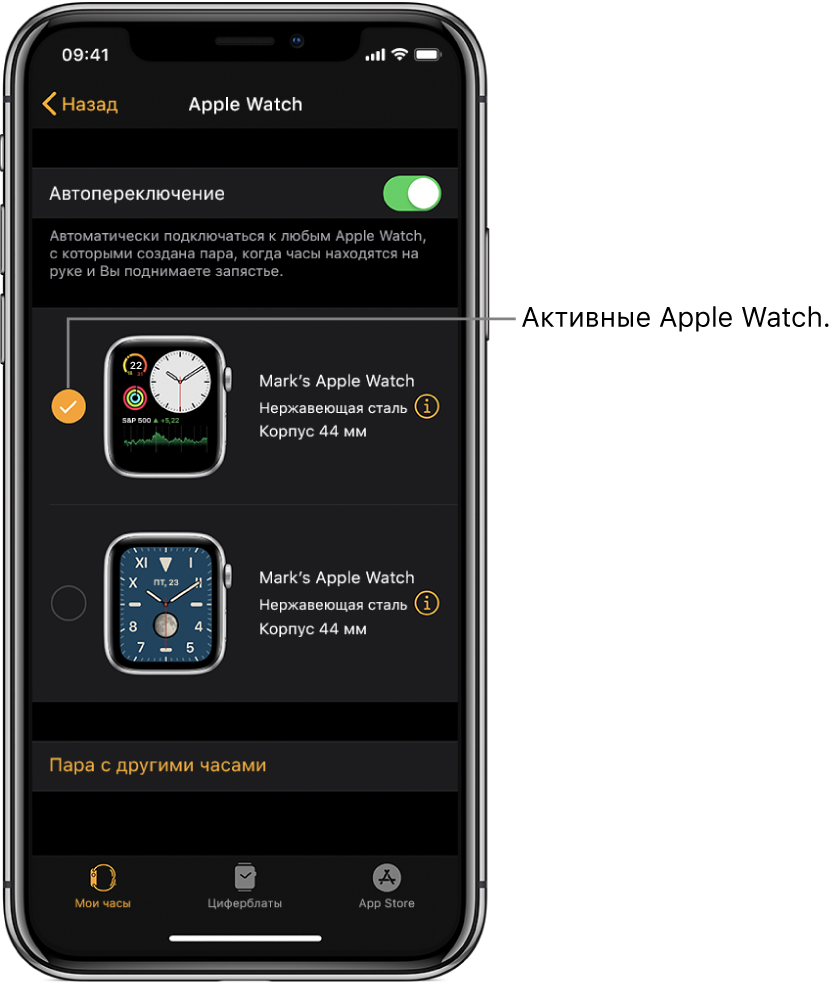 Галочкой отмечены активные Apple Watch.
