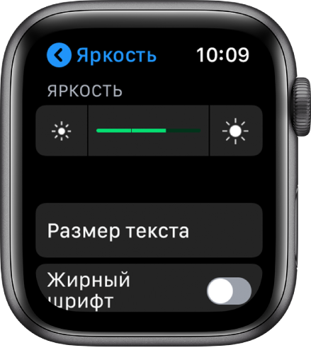 Настройки яркости на Apple Watch. Вверху находится бегунок яркости, под ним окно «Размер текста», внизу элемент управления «Жирный шрифт».
