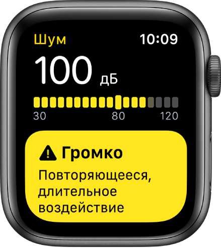 В приложении «Шум» указано, что уровень шума равен 100 дБ. Под ним отображается предупреждение о длительном воздействии такого уровня звука.