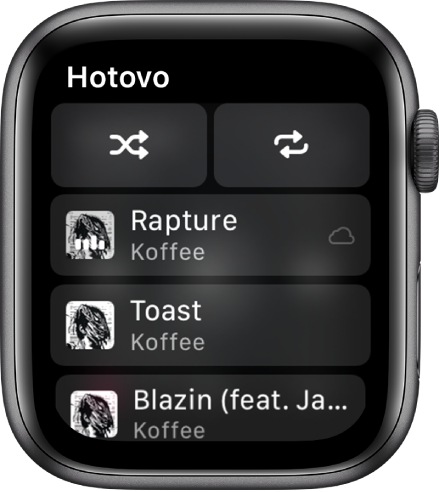 Okno zoznamu skladieb zobrazujúce tlačidlá zamiešania a zopakovania v hornej časti obrazovky a pod nimi tri skladby. Vľavo hore sa nachádza tlačidlo Hotovo.