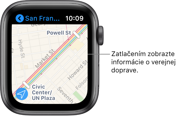 Aplikácia Mapy zobrazujúca podrobnosti verejnej dopravy, vrátane trás a názvov zastávok.