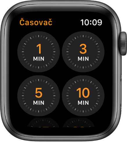Obrazovka aplikácie Časovač zobrazujúca rýchle časovače na 1, 3, 5 alebo 10 minút.